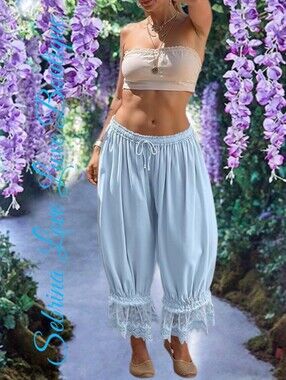 Romantic Victorian Style Light Blue Lace Trim Boho Bloomer Pantaloon Harem Pants